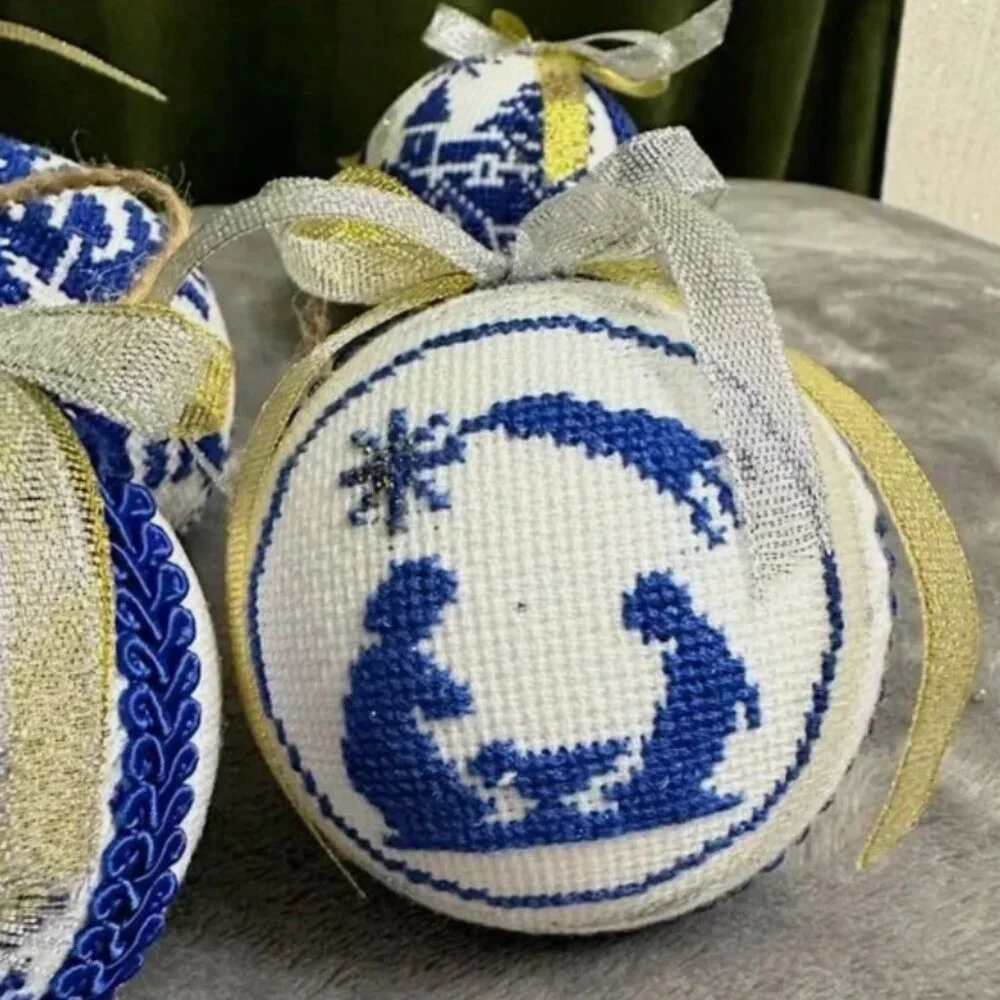 Set of 6 Handcrafted Embroidered Christmas Ornaments–Blue and White Nordic Style - Picture 3 of 13
